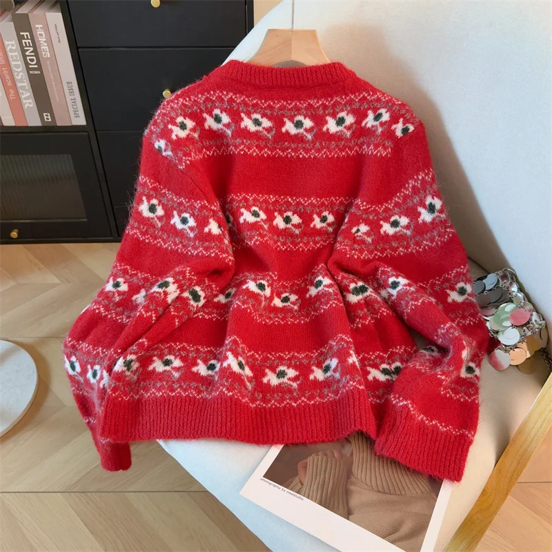 المرأة عيد الميلاد الأحمر البلوز سترة Vintage البلوز متماسكة طويلة الأكمام سترة الكشمير المعنقة للنساء ربيع الخريف 2000s الملابس #5