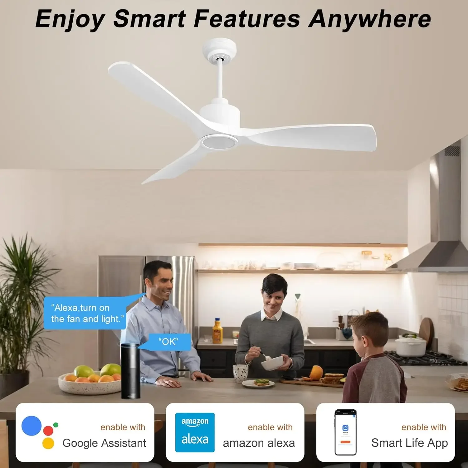 Smart Ceiling Fan with Quiet DC Motor, 3 Blade High CFM Indoor Outdoor Modern White Ceiling Fan with Lights Remote Control for B