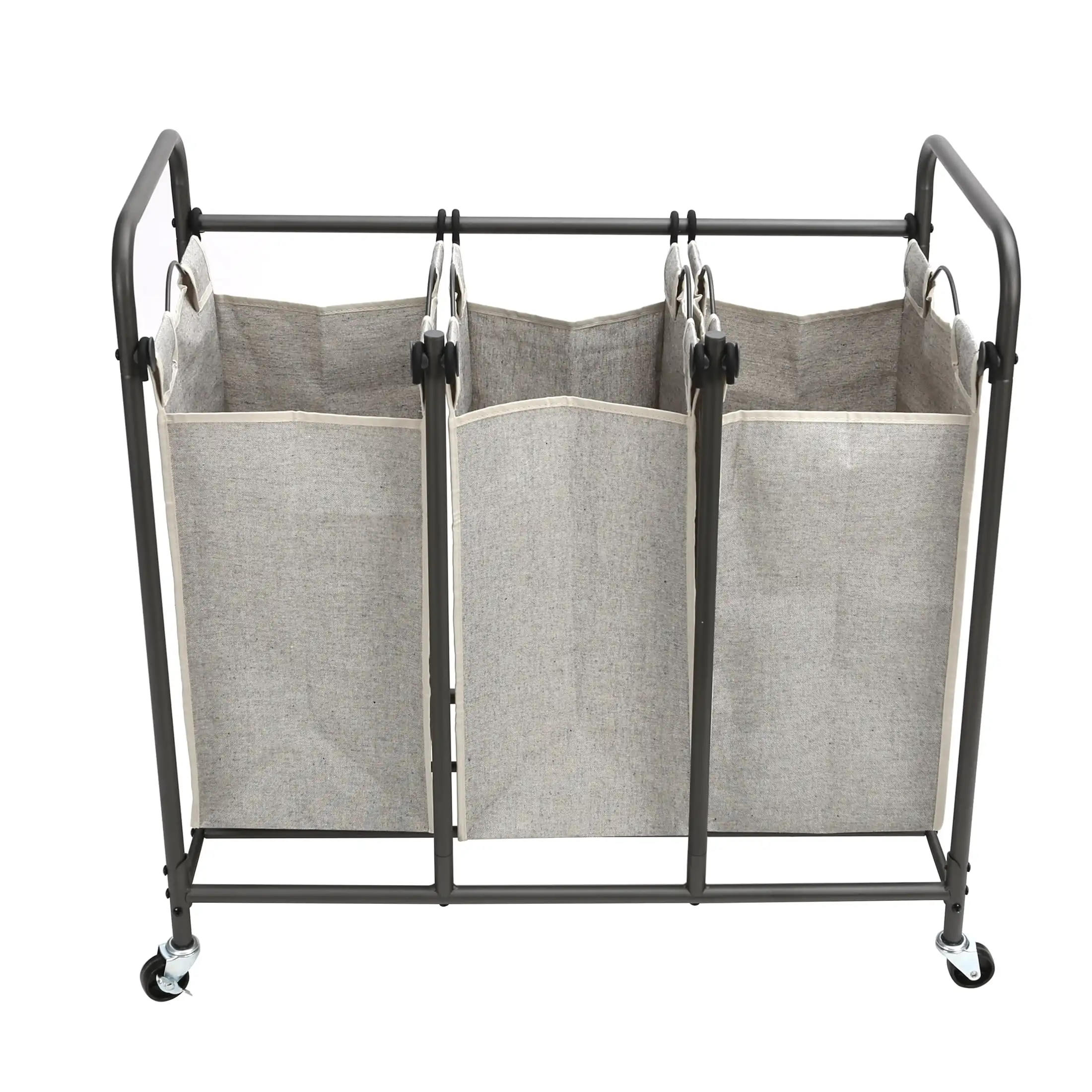 

3 Bag Laundry Sorter, Metal Rolling Cart with Grey Fabric Bins, Adult fully functional metal handle