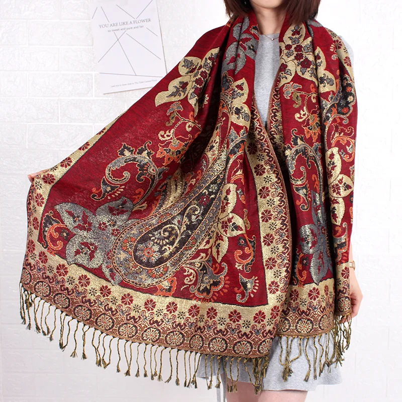 Paisley Pashmina Shawl Scarf Women Jacquard Cashew Printed Scarves Flowers Borders Female Tassel Blanket Wraps Ethnic Shawls