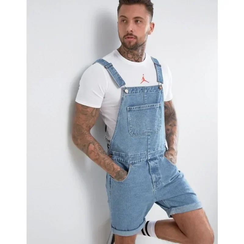 Wepbel One-Piece Working Bib Top Pants Denim Retro Jeans Overalls Summer Men\'s Denim with Hole Shorts Suspender Shorts Jeans