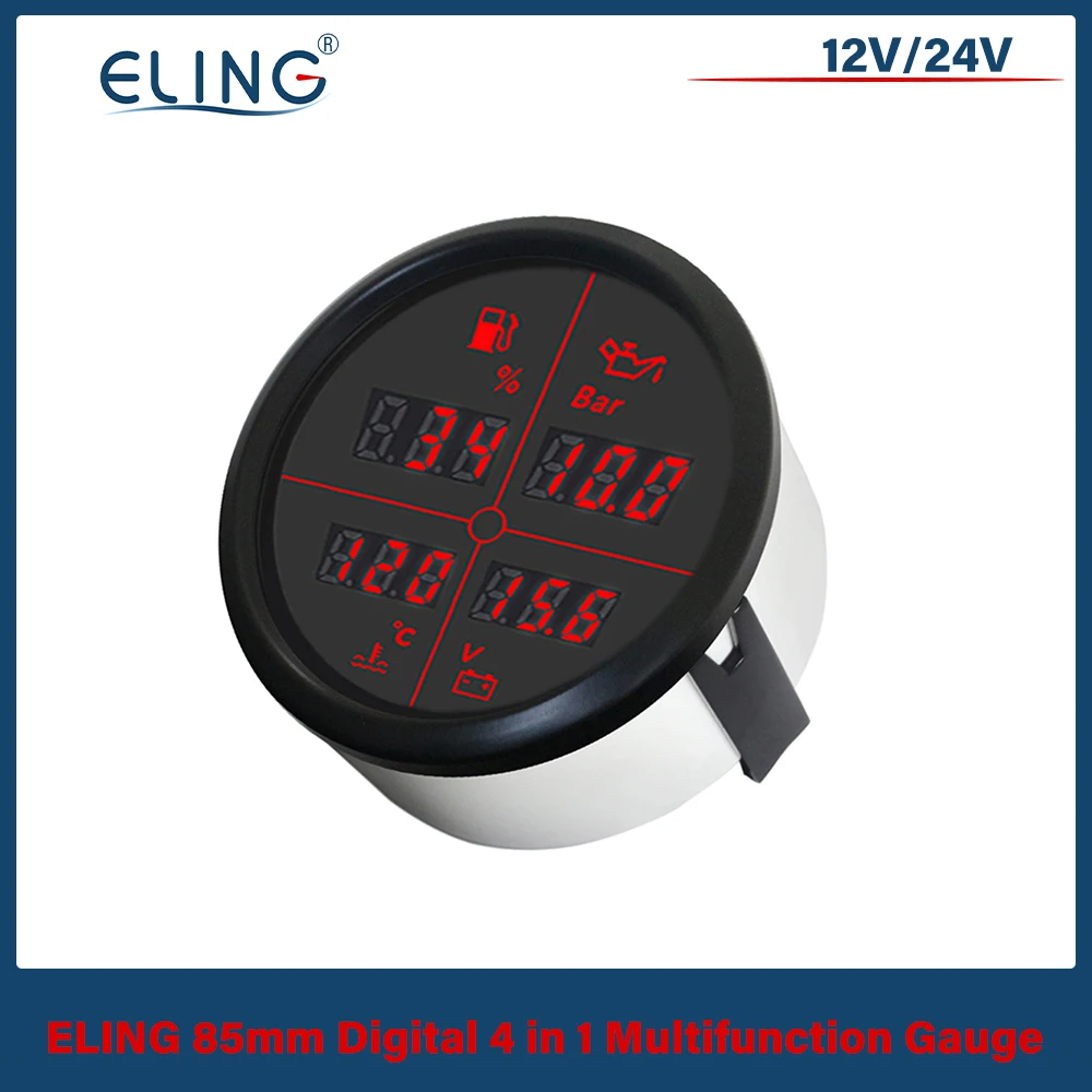 ELING Car Universal 52mm 85mm 4 in 1 مقياس متعدد الوظائف مع مستوى الوقود ضغط الزيت ودرجة حرارة الماء. الفولتميتر 8 ألوان الخلفية