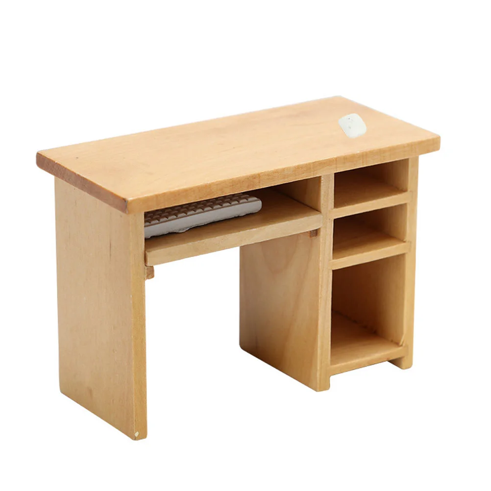 Dollhouse Computer Desk Miniature Model Retro Decor Coffee Table Decorations Solid Wood Simulation Furniture Birch Splint Child