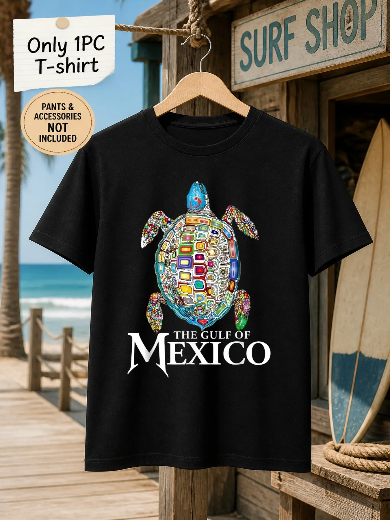 1pc Men'S Graphic T-Shirt Colorful Mosaic Sea Turtle Print The Gulf of Mexico Short Sleeve Crew Neck [Solely 1pc T-SHIRT]