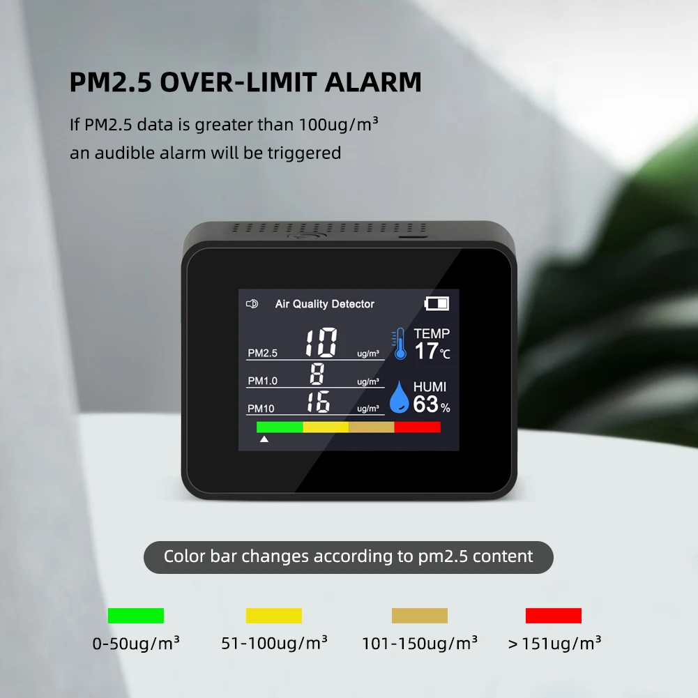 LCD Equipped Air Monitor for HCHO For PM2.5 For PM10 PM1.0 TVOC Temperature Humidity Detection and Continuous Operation