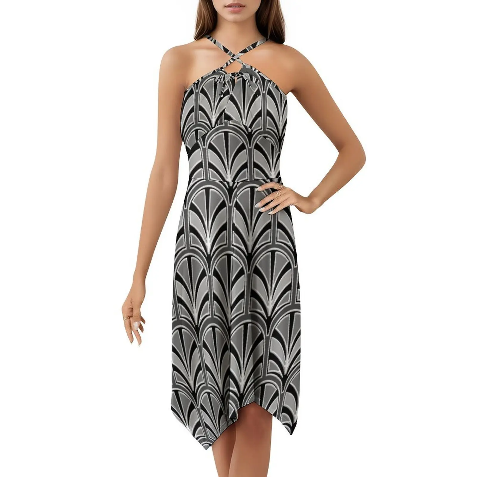 فستان آرت ديكو النخيل باللون الرمادي والأبيض بدون خياطة للنساء ملابس الشارع الشهير ملابس النادي المطبوعة العصرية للإناث #5