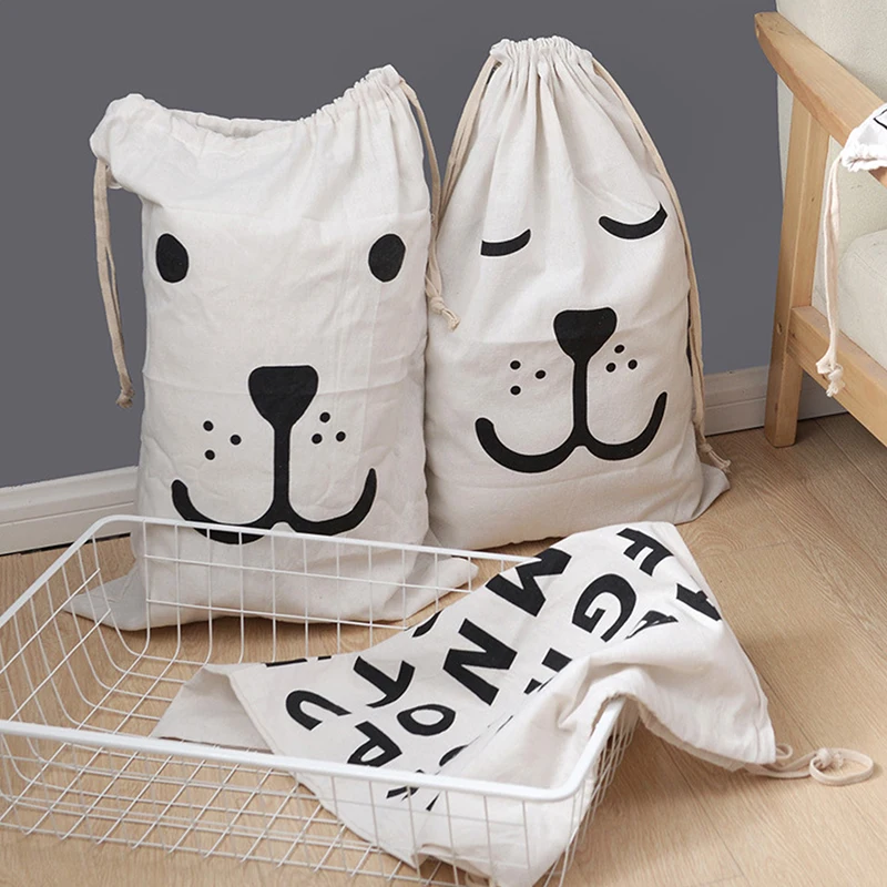 Large Cotton And Linen Laundry Bag Clothes Toys Storage Bag Printing Fabric Drawstring Duffle Bag Dirty Clothes Organizer Bags