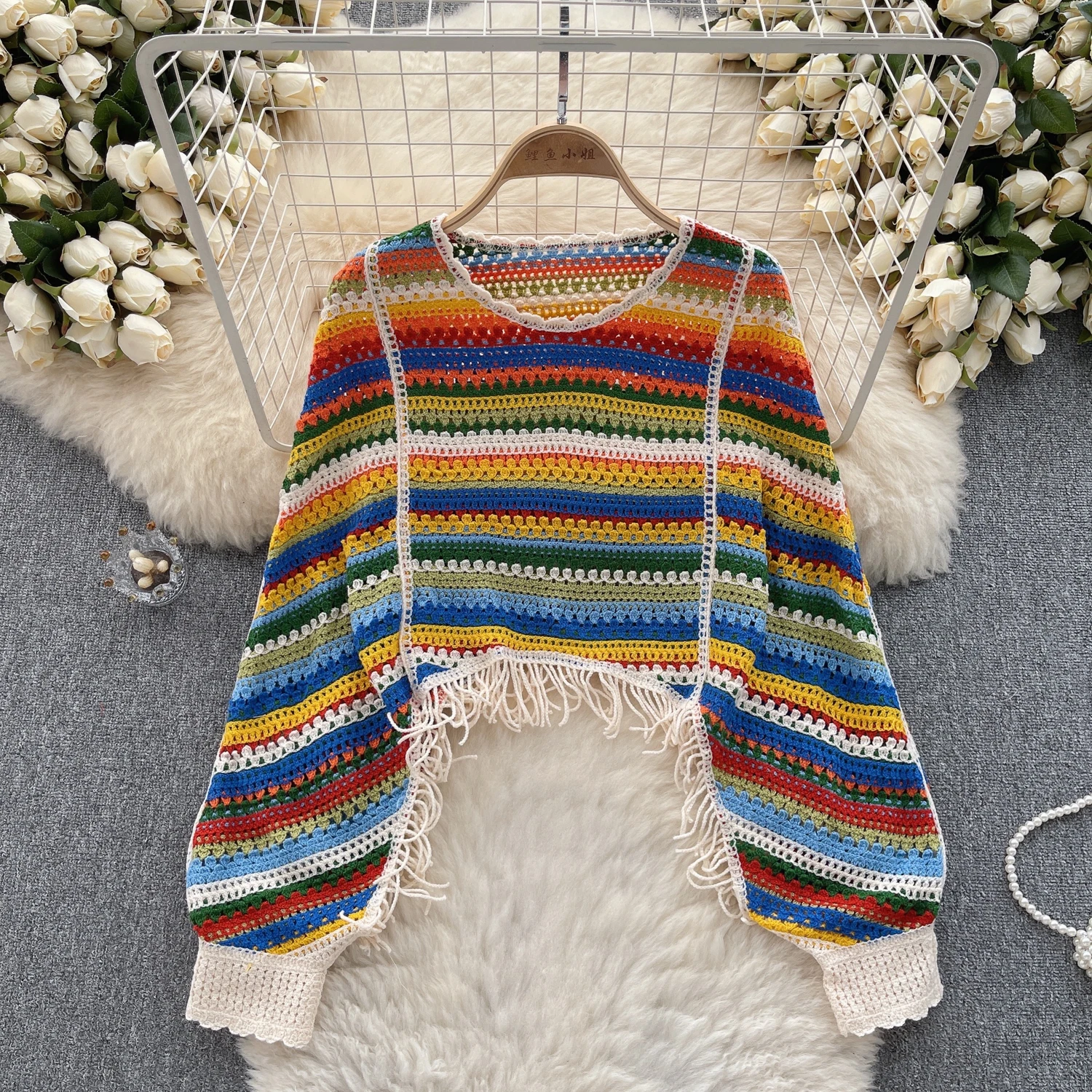 Chic Stripe Vintage Hollow Crochet Tassel Capes Blouse Long Sleeve Korean Fashion Tops Sexy Elegant Autumn Women Pullover Y2k