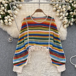 Chic Stripe Vintage Hollow Crochet Tassel Capes Blouse Long Sleeve Korean Fashion Tops Sexy Elegant Autumn Women Pullover Y2k