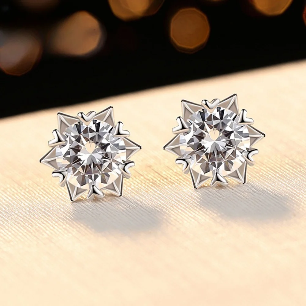 White Moissanite Eight Hearts Eight Arrows Flash Snowflake 925 Sterling Silver Stud Earrings