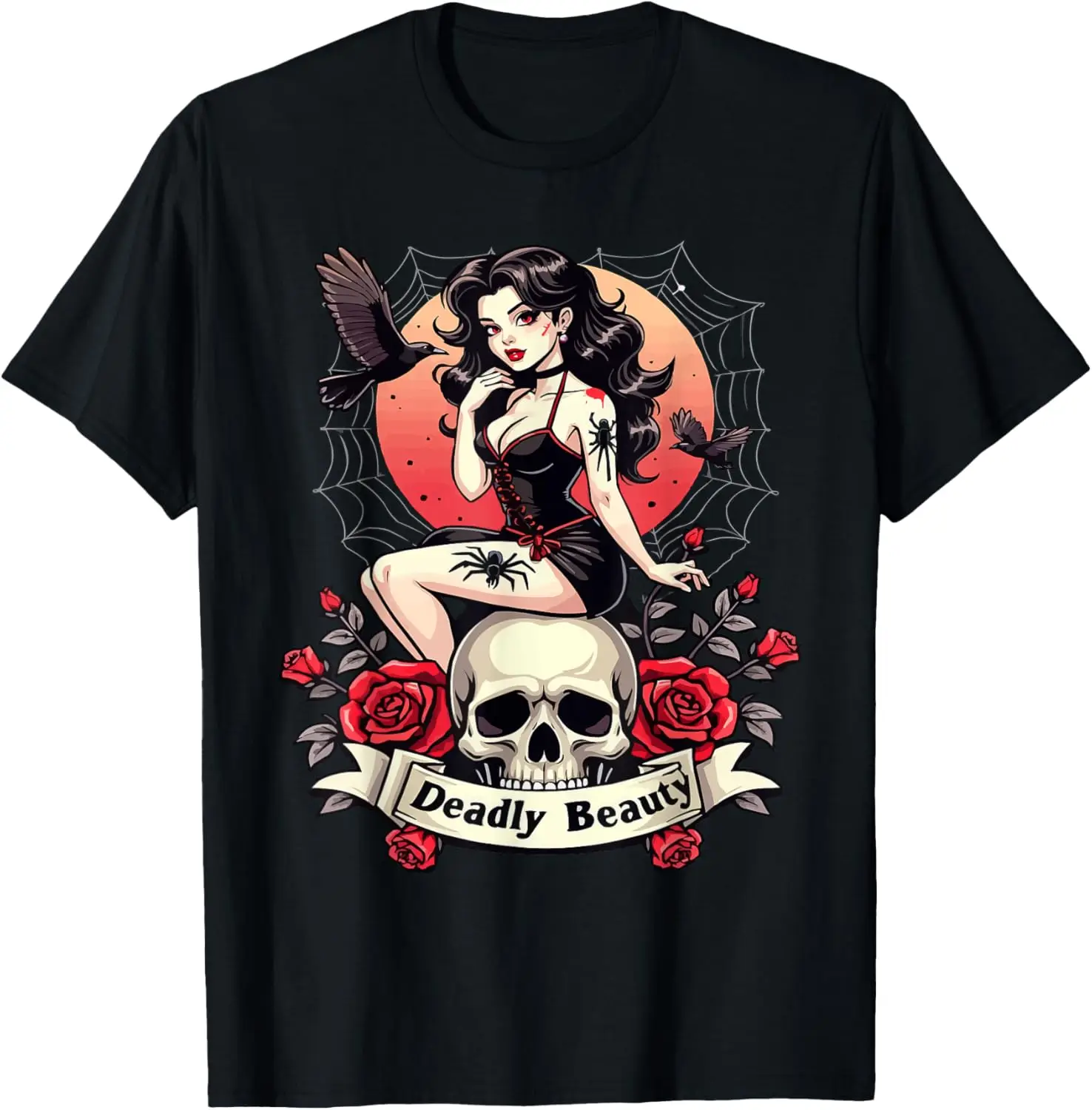 Deadly Beauty Spider Skull Pinup T-Shirt