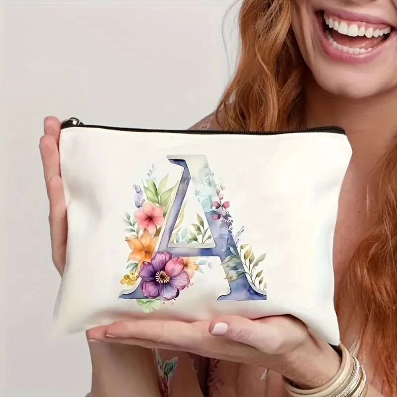 1pc Floral Alphabet Cosmetic Bag -Perfect For Travel, Weddings, And Bachelorette Parties For Bridesmaids And Maid Of Honor