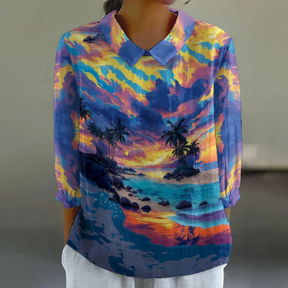 

Рубашка с длинными рукавами и воротником с геометрическими цветными блоками, гавайская рубашка, новинка 2025, женский топ с воротником-пузырьковыми рукавами