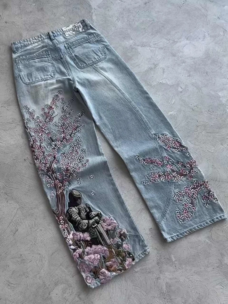 Houzhou vintage bordado jeans feminino y2k estilo hip hop calças jeans oversize gótico harajuku retro streetwear calças de perna larga