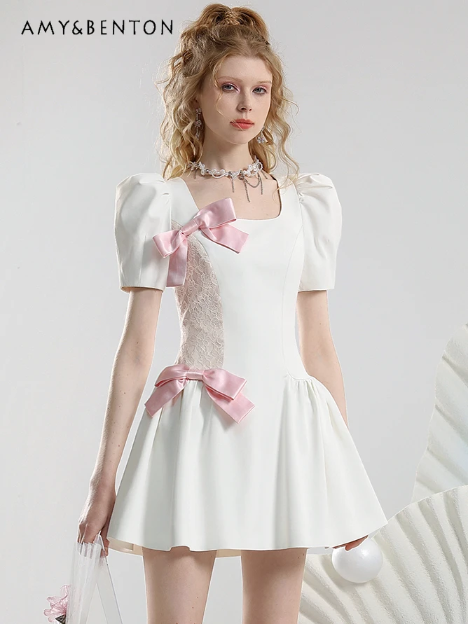 

Sweet Bow White Dresses Three-Dimensional Patchwork Bow Elegant Graceful Summer Dress Slim Mini Dress Elegant Dress for Women