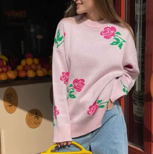 

Осень/зима 2025: новый женский универсальный свободный цветной свитер с круглым вырезом и круглым вырезом, свитер с розой