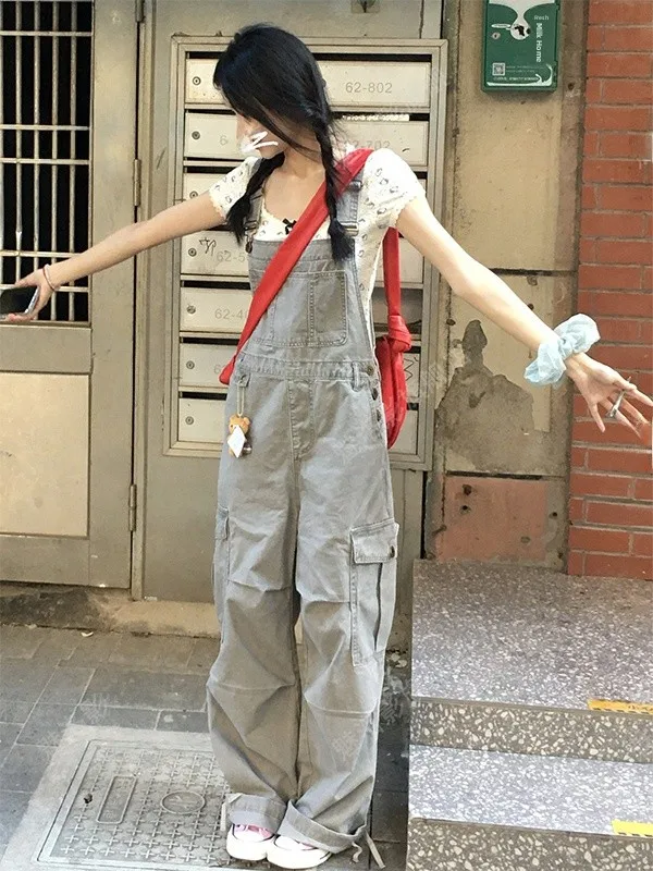 

Женские джинсовые комбинезоны в стиле ретро с эффектом потертости, весенне-летний дизайн, с множеством карманов, свободные прямые длинные брюки для повседневной носки и пляжа