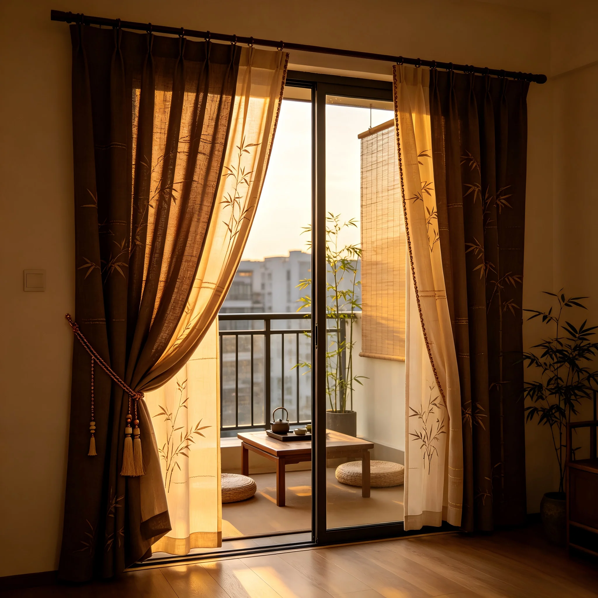 200290   Balcony Tea Room: Deep Tea Linen x Light Gold Yarn, Bamboo Shadow Pattern Curtains