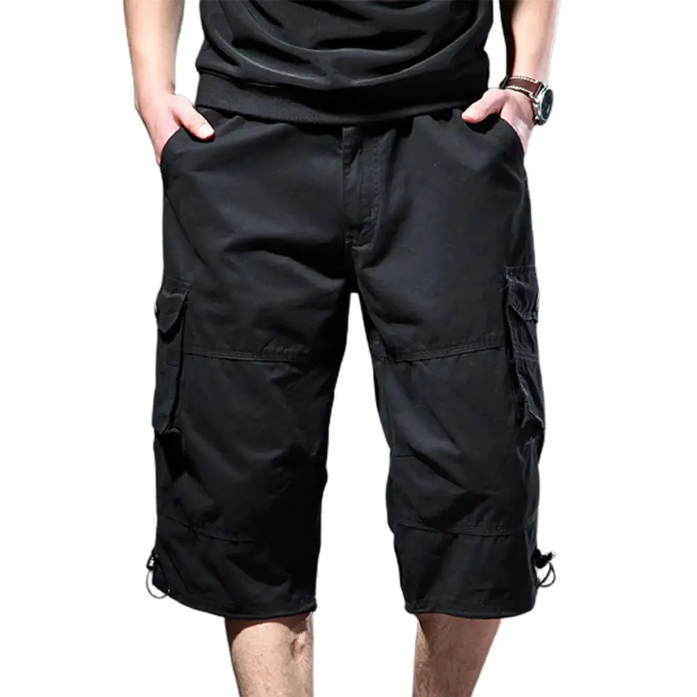 Summer Shorts Men Casual Cotton Multi Pockets Pants Solid Loose Type Mid-calf Length Stretchy Waist Men Cargo Trousers