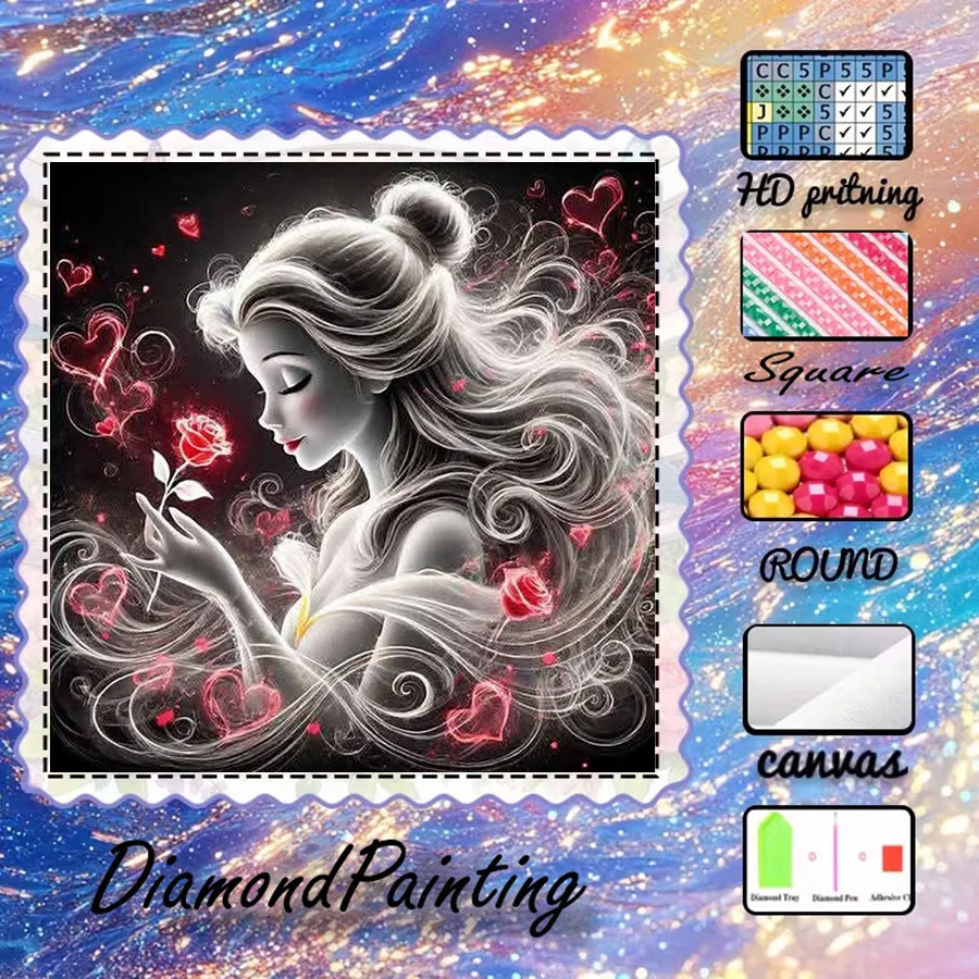 1 Stück - Potdemiel-5D-DIY - Beflockter Stoff - Spezialbohrer - Diamantmalerei-Set - Rose, Prinzessin - Diamantkunst