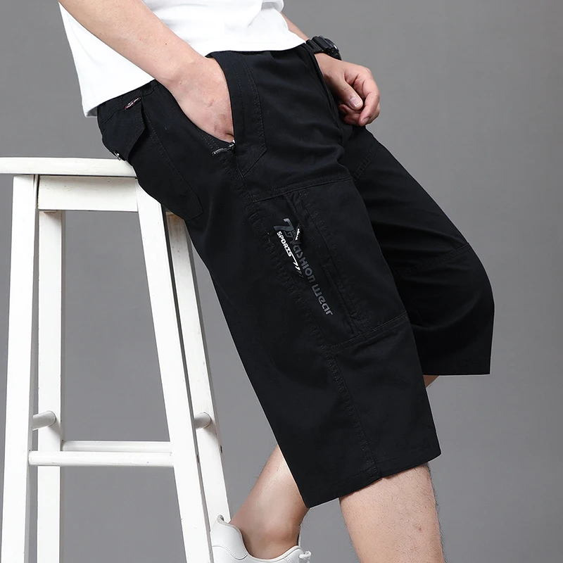 Men\'s Cropped Pants Cargo Shorts Big Size Below Knee Shorts Sports Short Pants Streetwear Hip Hop Straight Loose Pants