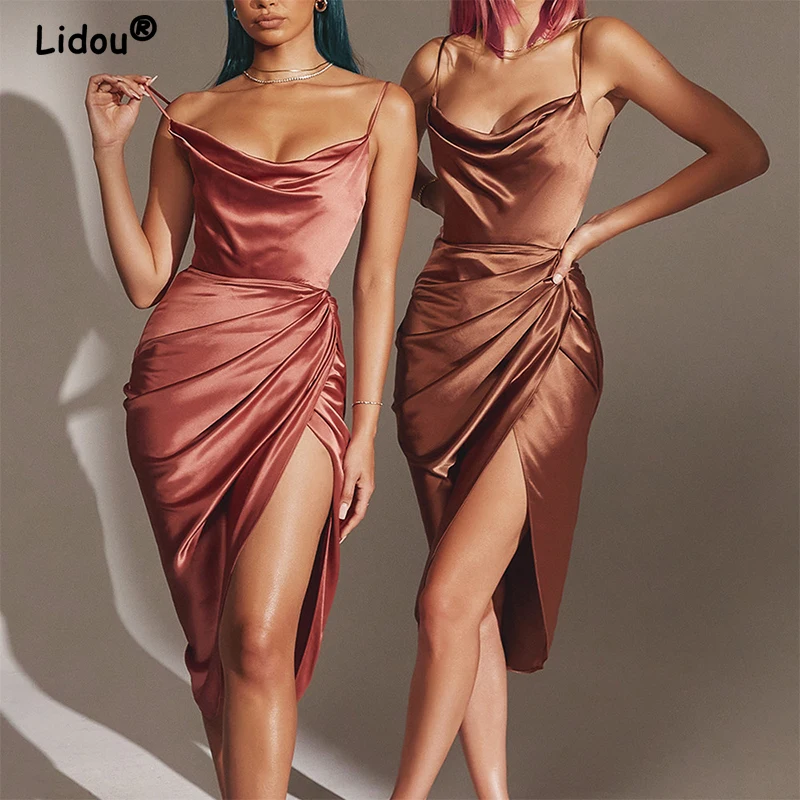 

Satin Dress Fashion Sexy High Split Women 2023 Summer New pop Solid Fit Fold High Waist Sexy Strap Dress