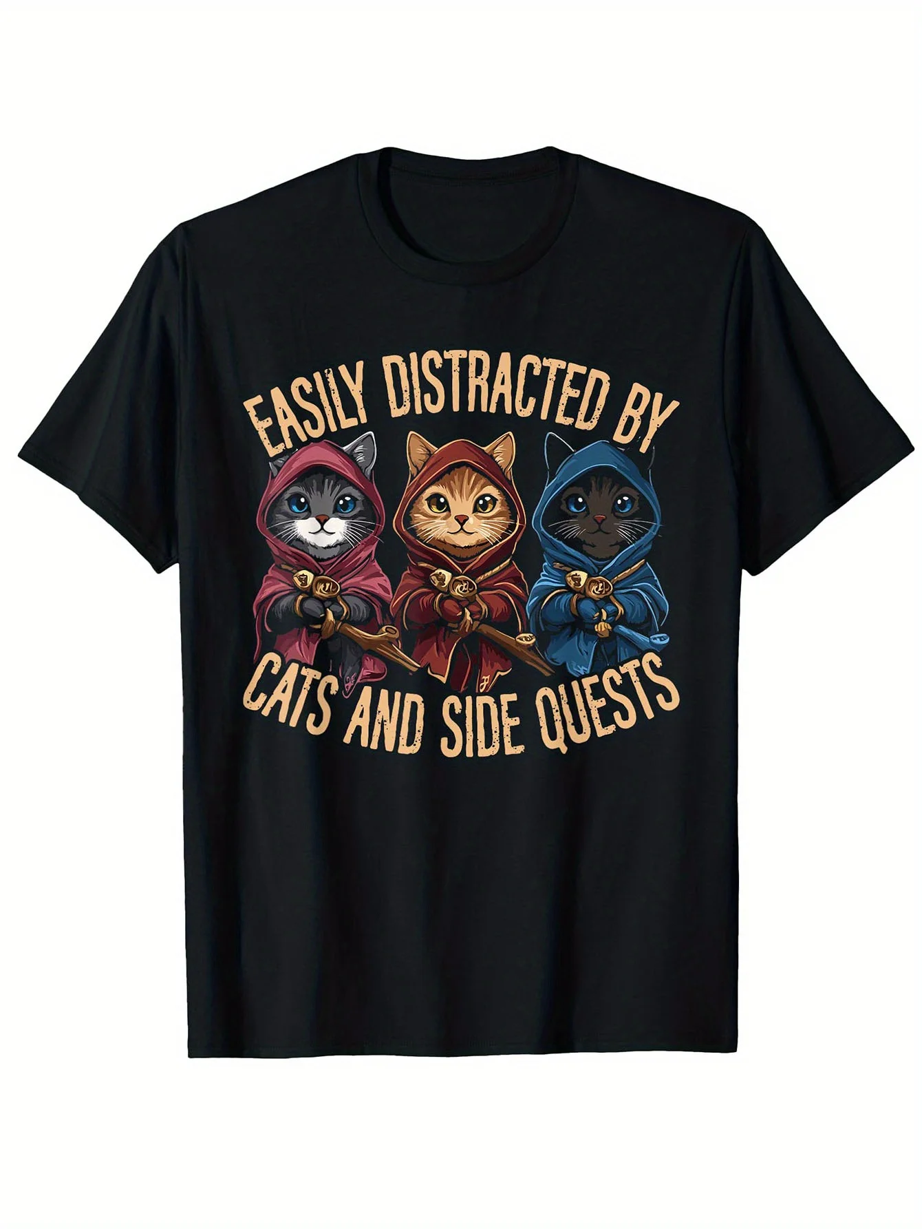 تي شيرت مضحك Cat Side Quest Distracted Graphic للرجال - تي شيرت كاجوال من القطن الأسود مع "مشتت بسهولة بواسطة القطط والجانب