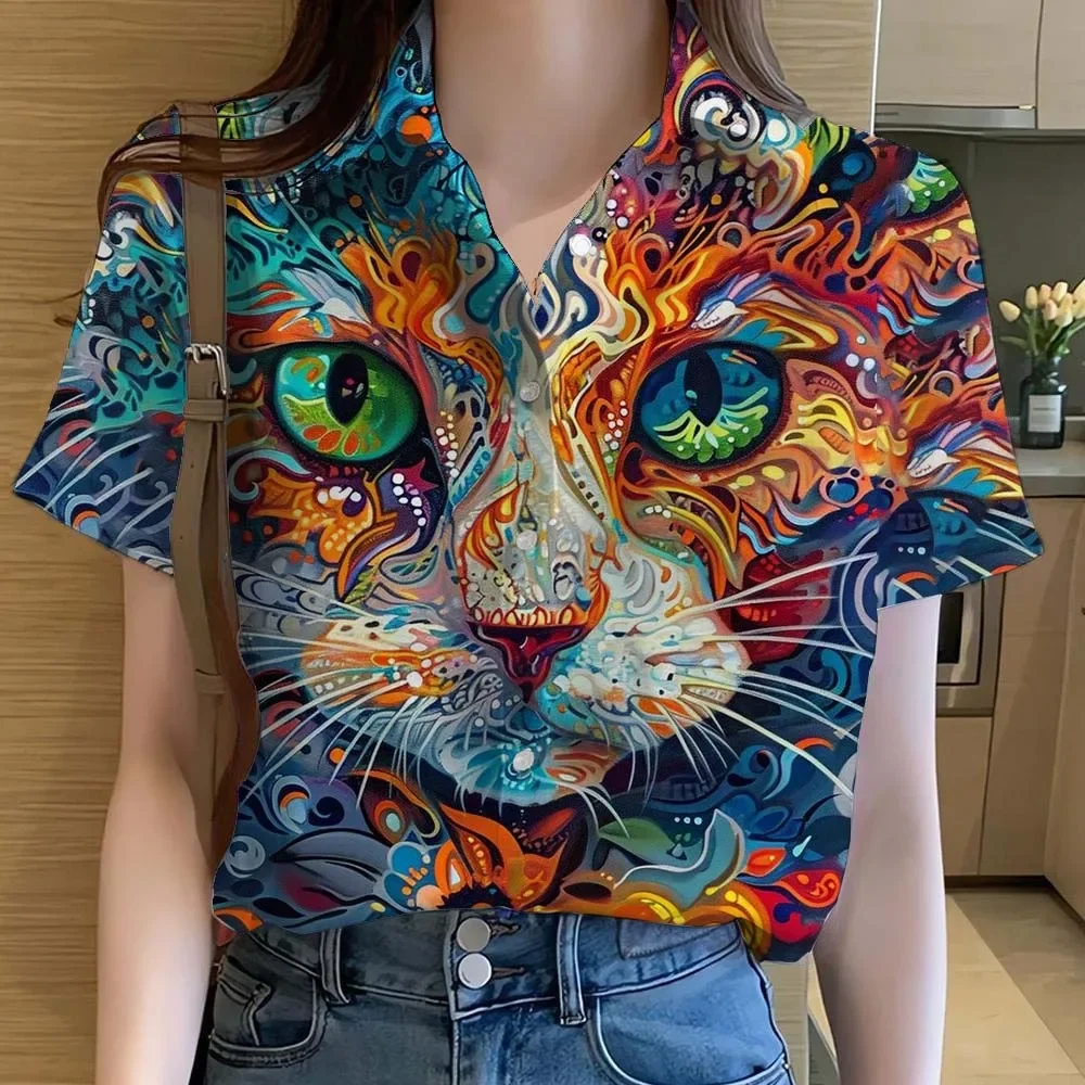 

Женские рубашки, топы с короткими рукавами и пуговицами, художественная повседневная новая гавайская пляжная рубашка с милым котом и принтом, летняя блузка, женская одежда
