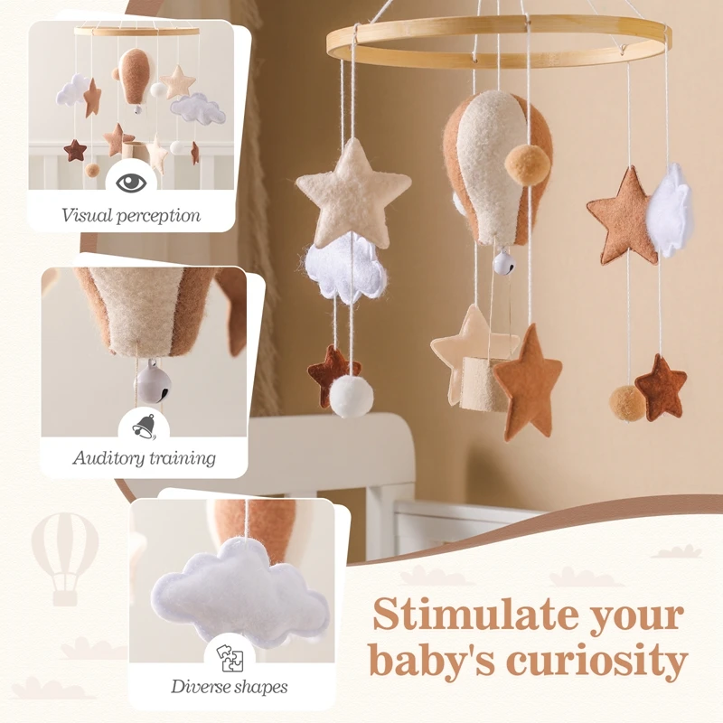 Sonajeros de madera de juguete para cuna de bebé, campana para cama móvil, globo caliente de fieltro suave, campana para cama musical para recién nacido, juguetes colgantes, soporte para cuna, regalos para bebé
