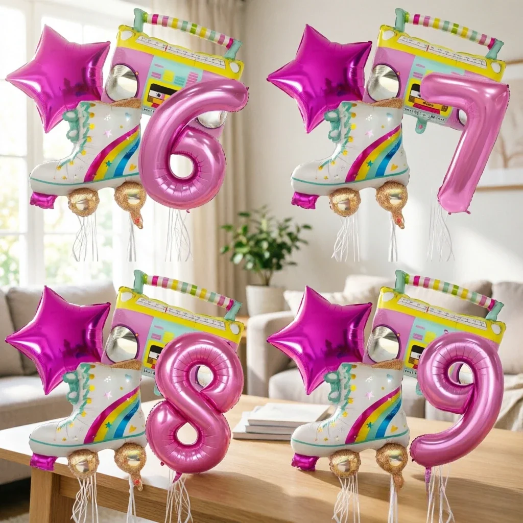 4 Stück Radio-Rollschuh-Folien-Heliumballons für 80er- und 90er-Jahre-Geburtstagsfeier-Dekorationen, aufblasbare Globos-Zubehör-Geschenke