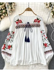 Women Spring Autumn Blouse Bohemian Vintage Lantern Long Sleeve Round Neck Embroidered Loose Pullover Shirt Casual Top D5081