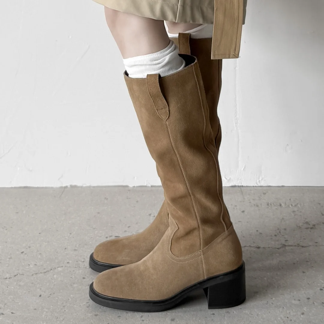 المرأة جلد الغزال الطبيعي جولة تو الانزلاق على الخريف الركبة عالية فارس الأحذية 4.5 سنتيمتر سميكة ميد كعب أحذية طويلة الإناث عادية بيع #2