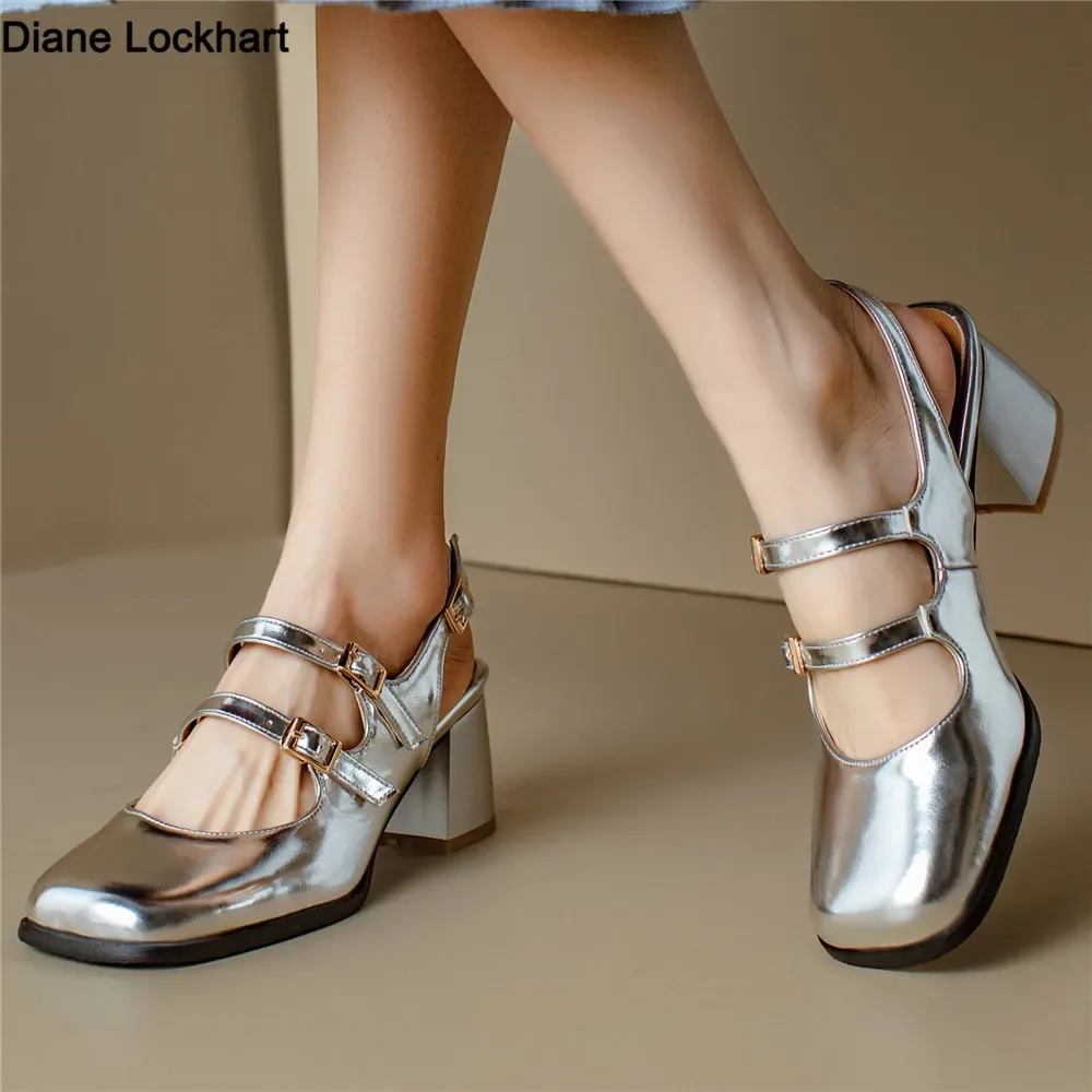 

Retro Thick Heel Medium Heel Mary Jane Pumps Square Toe Silver Black Sandals Summer New Large Size 32-46 Women's Shoes Fashion