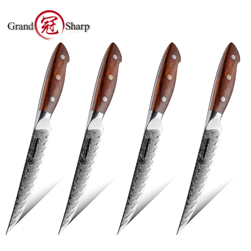 Grandsharp 5 Inch Steak Knife 4pcs Set Japanese Damascus Stainless Steel Chef's Kitchen Knives Cooking Tools Rosewood Handle