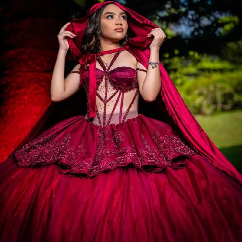 

Burgundy Quinceanera Dress off-shoulder Crystal Glitter Decal Long tail Lace ruffles Vestidos De 15 Quinceanera ﻿Customize