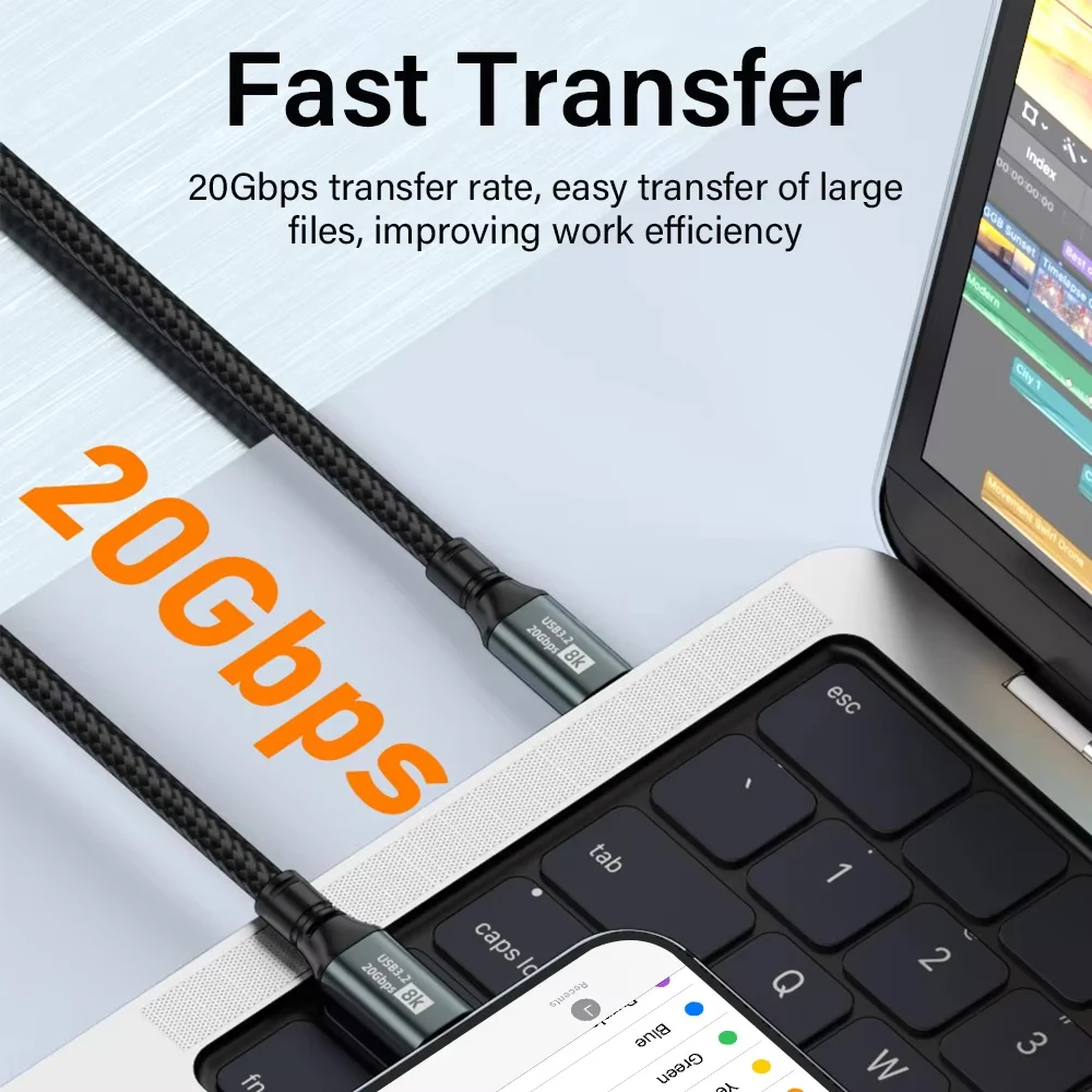 5A PD100W USB 3.2 20Gbps نوع C إلى نوع C كابل آيفون 15 برو ماكس ماك بوك سامسونج سلك سلك نقل بيانات الفيديو فائق السرعة