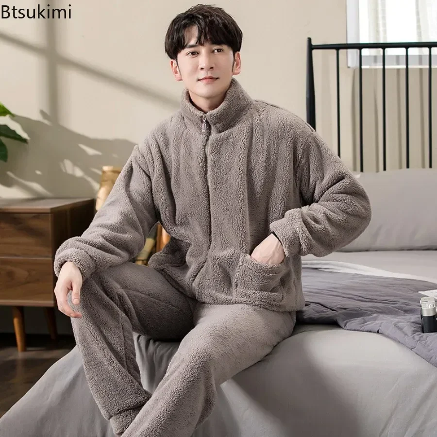 Fashion Stand Collar Zipper Pajama Sets for Men Winter Thickened Warm Flannel Homewear Man Coral Fleece Sleepwear Suit Oversized