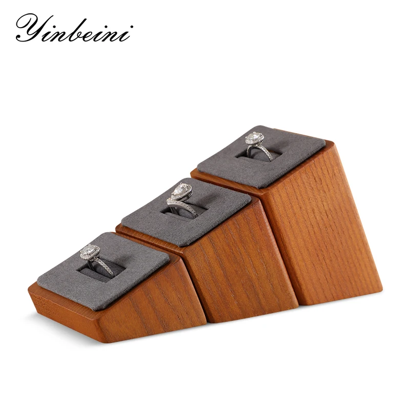 

YinBeiNi Solid Wooden Ring Display Stand with Microfiber 3Pcs Ring Display Holder Jewelry Organizer for Exhibit Shop Cabinet