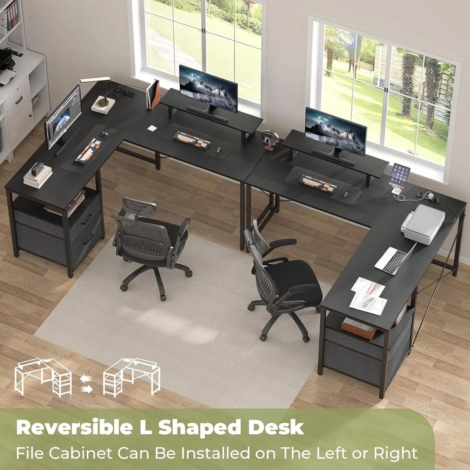 L Shaped Computer Desk with Storage File Drawer, Reversible Home Office Desk with Recessed Power Strip , Black