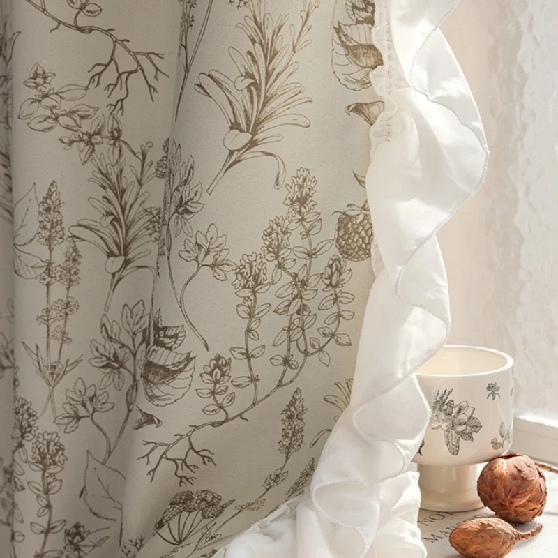 

French Cream Style Living Room Home Decoration Curtains Plant Pattern Bedroom Blackout Curtain Beige Floor-to-ceiling Curtain IG