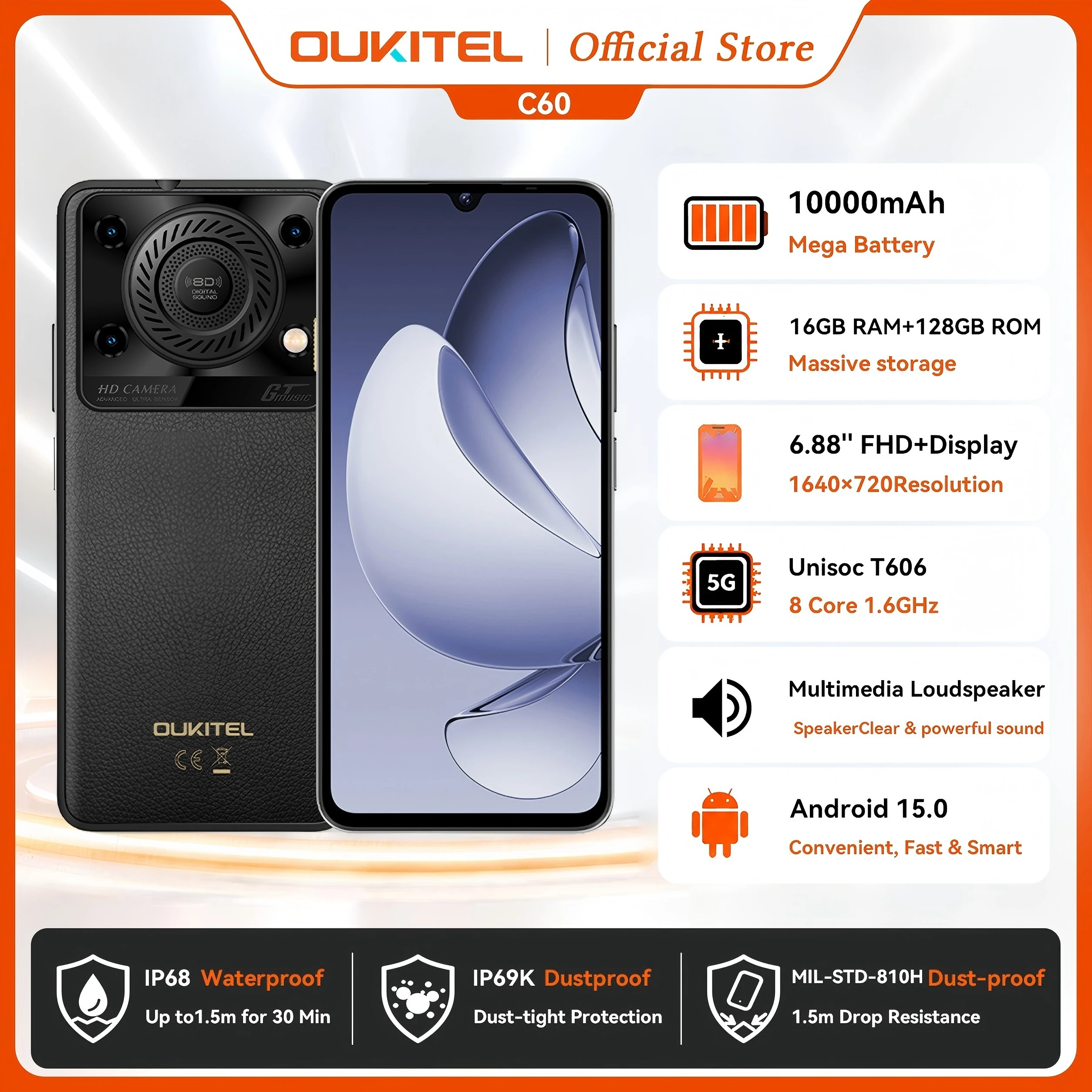 Oukitel C60 Smartphone 10000mAh Battery 16GB+128GB 6.88'HD 90Hz