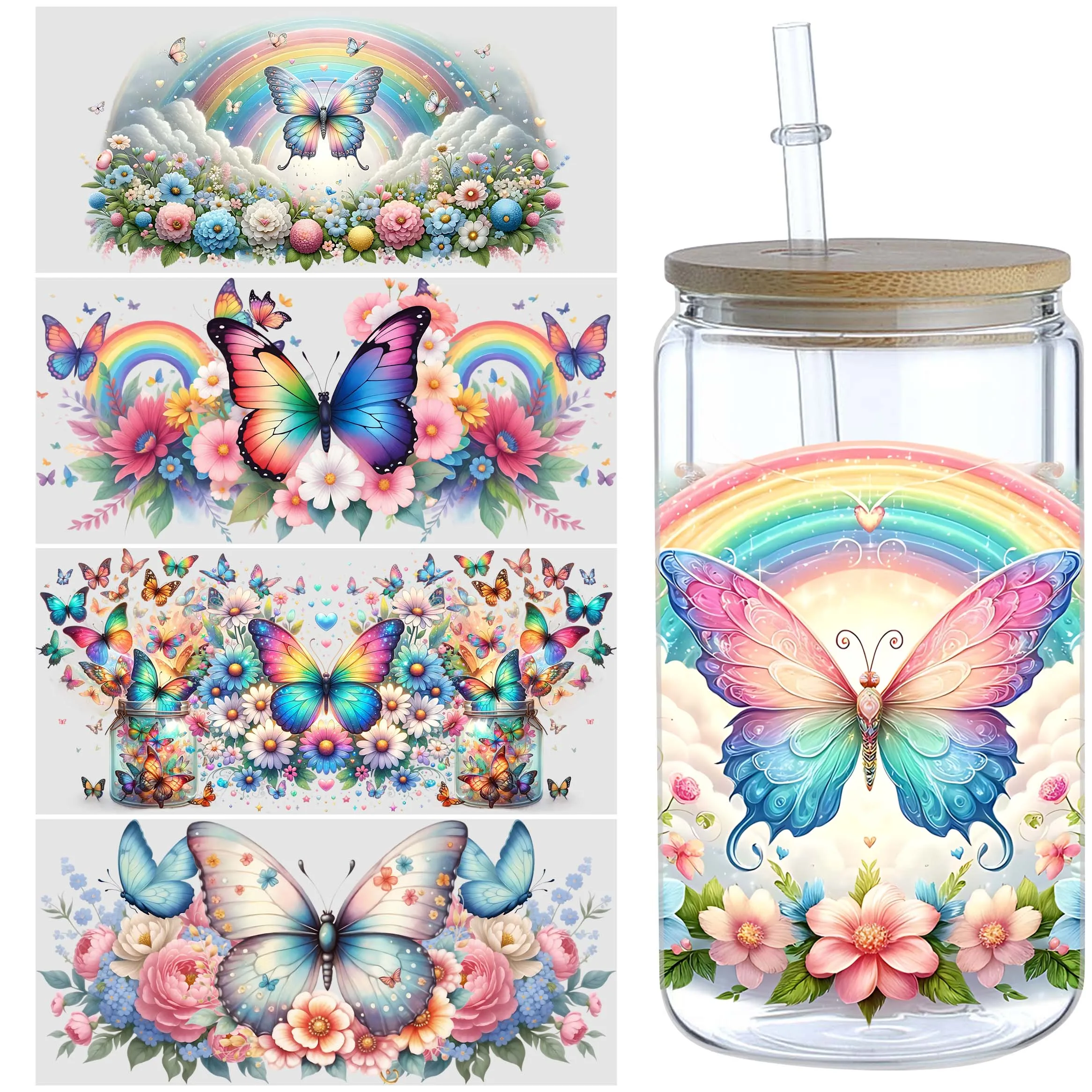 5sheets Butterfly Pattern UV DTF Cup Stickers, Waterproof Sticker Pack For Decorating Mugs, Cups, Bottles, School Supplies, Etc