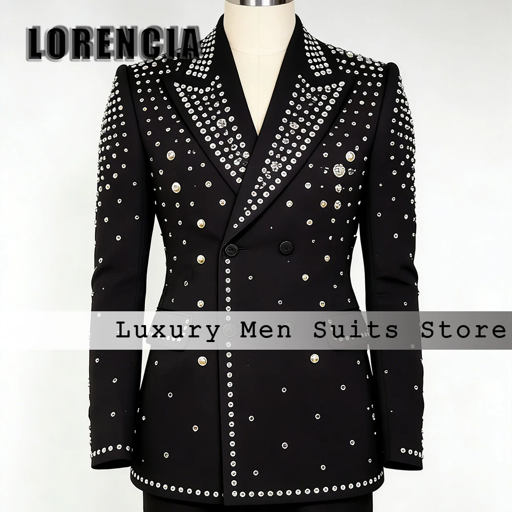 Elegant Sparkly Rhinestone Male Suit 2 Pieces Shawl Collar Groom Tuxedos for Wedding Customized Blazer Pants trajes para hombre