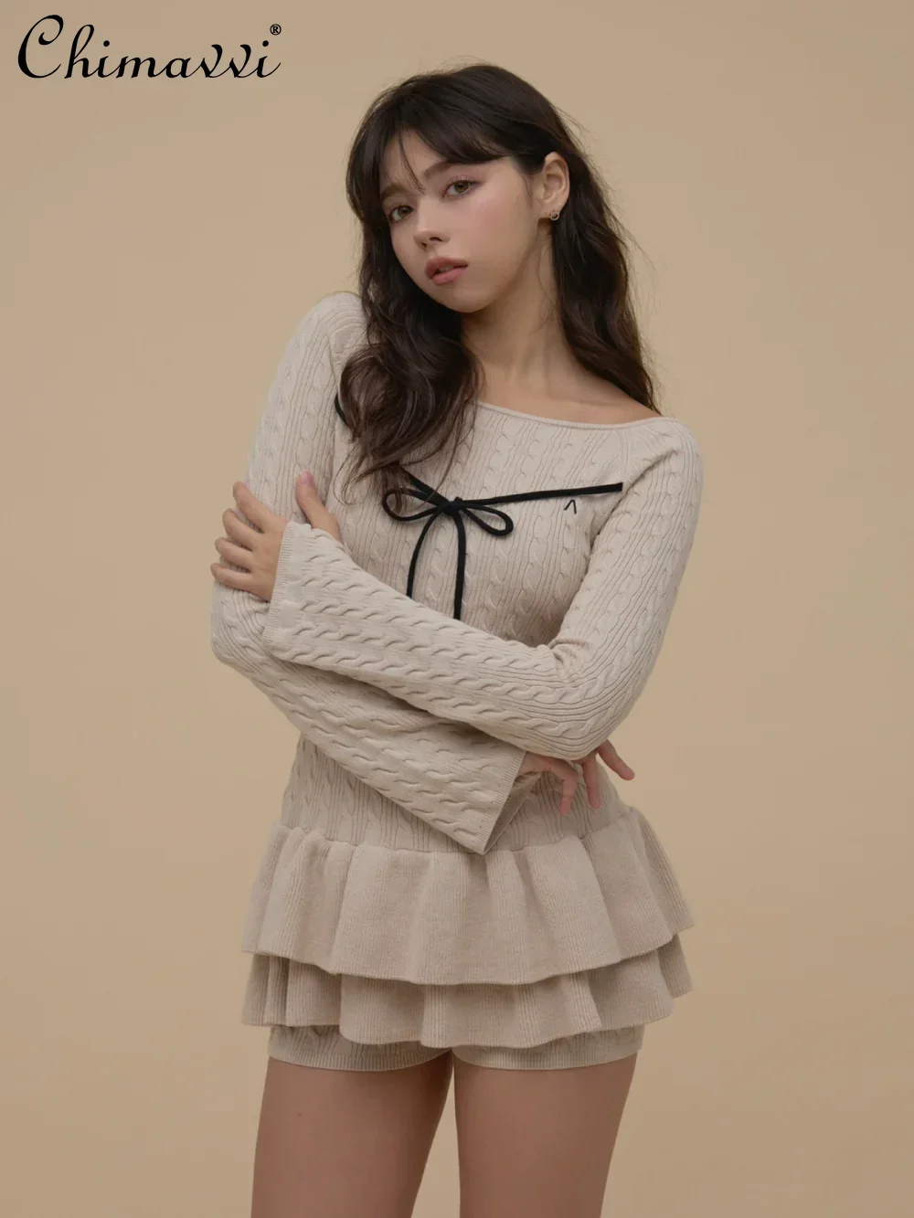 

2026 Spring New Japanese Style Fashion Off-Shoulder Bow Sweater Ruffled Hem One-Piece Dress Top + Shorts Women's Two-Piece Set