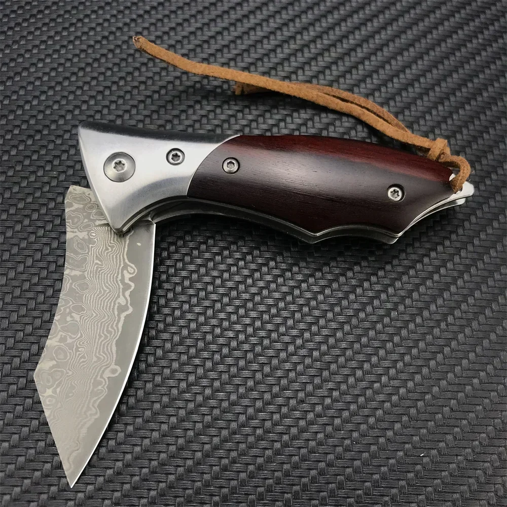 Damascus Steel Mini Pocket Folding Knife Wood Handle High Quality Tactical Knives Outdoor Camping Hunting Tool Collection Gifts