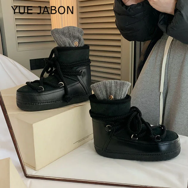 Fur Suede Front Thick Shoelaces Ankle Snow Boots Round Toe Platform Keep Warm Boots Short Plush Thick Sole Bread Cotton Shoes