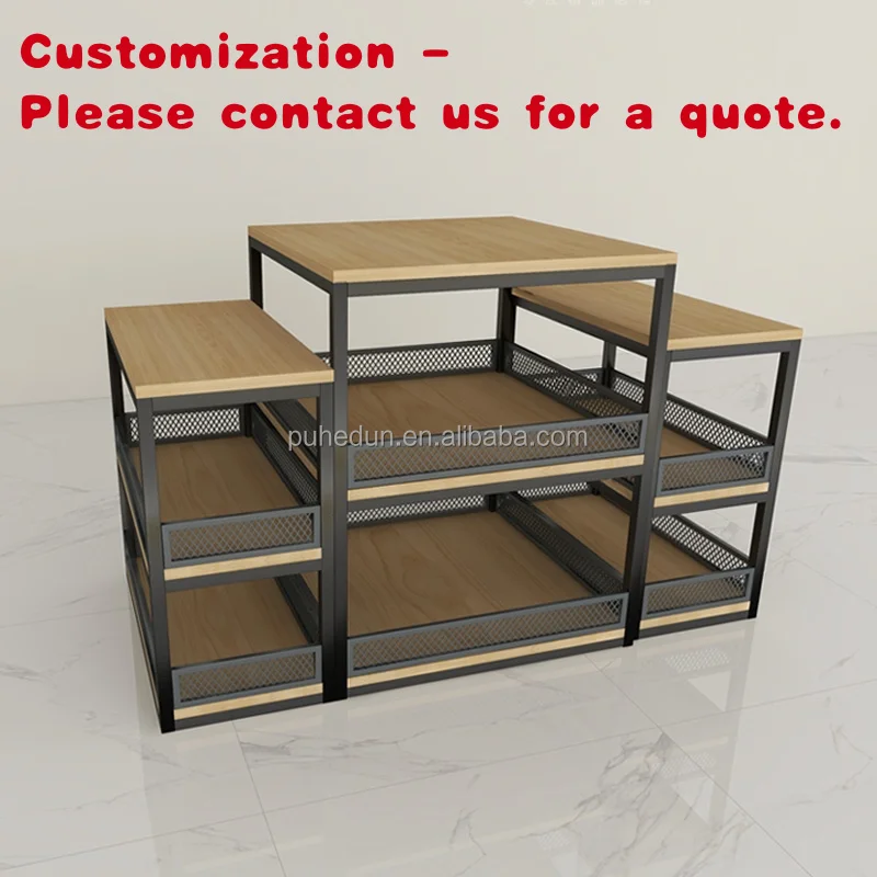 custom.Central Island Double-Sided Metallic Modern Supermarkets Multi-Tiered Flow Counter Display Stacks Shelving Cabinets