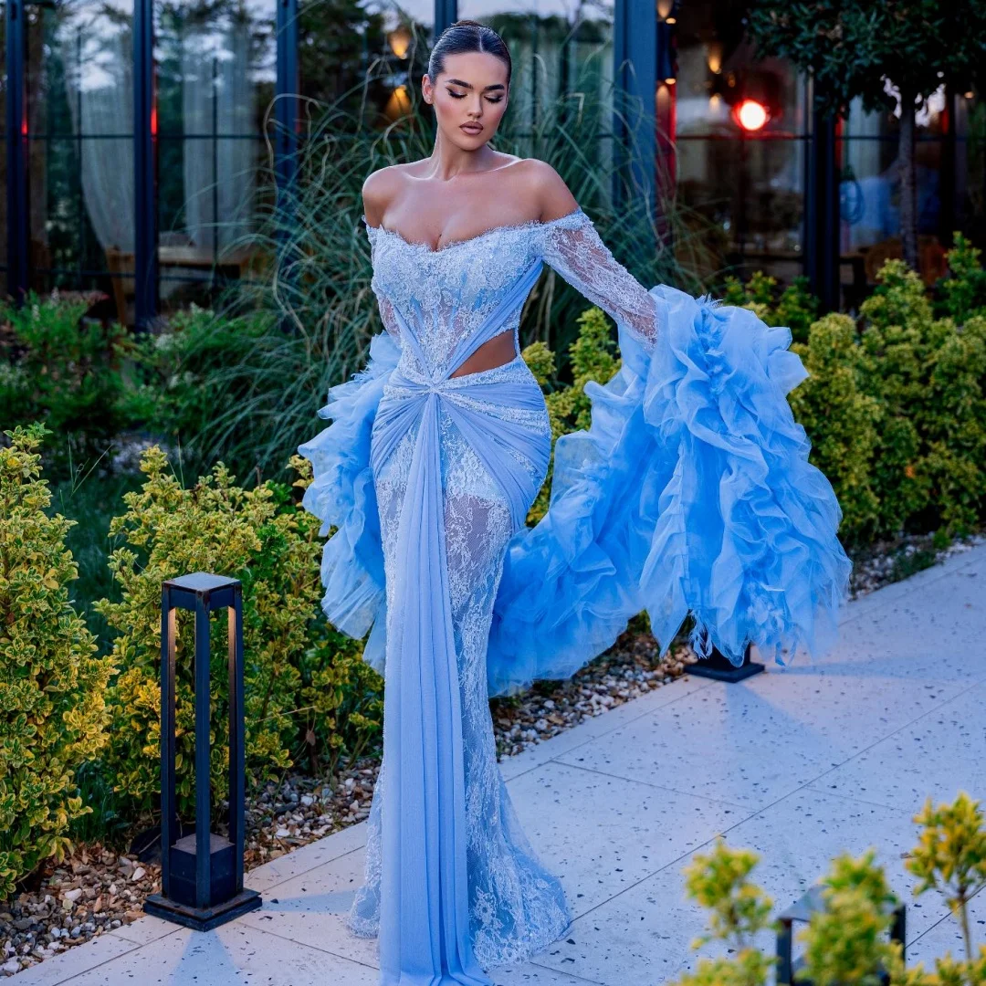 

Blue Mermaid Evening Dresses Lace Cut Out vestidos de noche Long Sleeves Prom Dress Wrap Exquisite Wedding Party Gown Customized