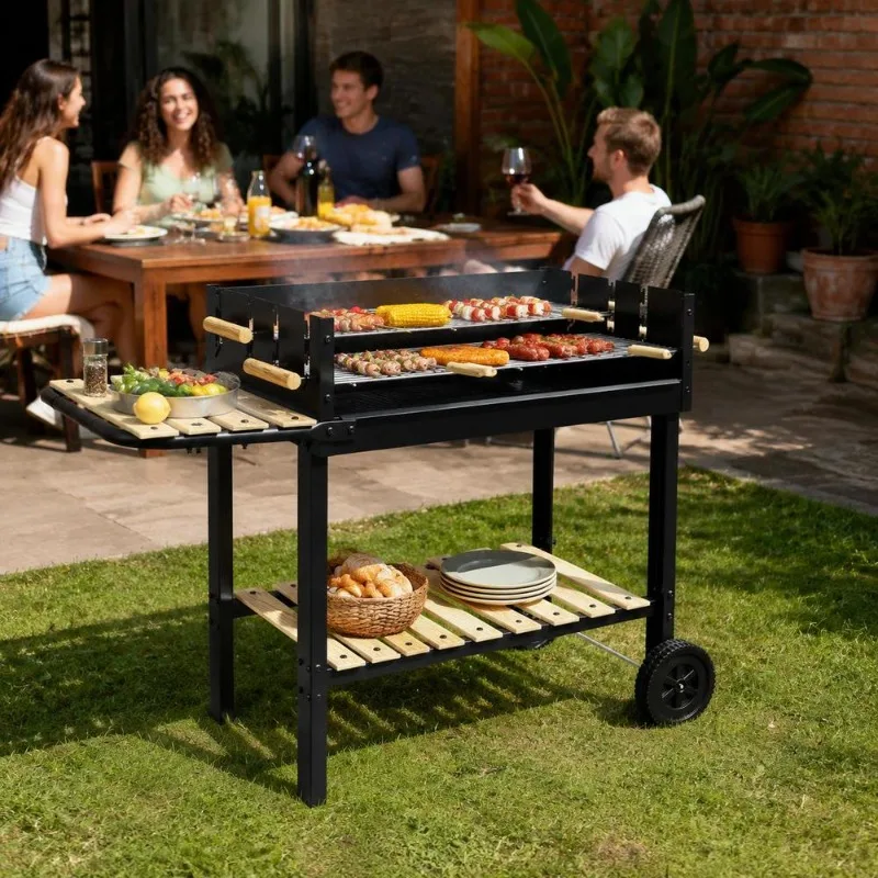 Barbecue à Charbon sur Pied avec Double Grille Réglable, 2 Roues et 2 Étagères Dim. 113L X 53.5L X 82.5H Cm Noir NON