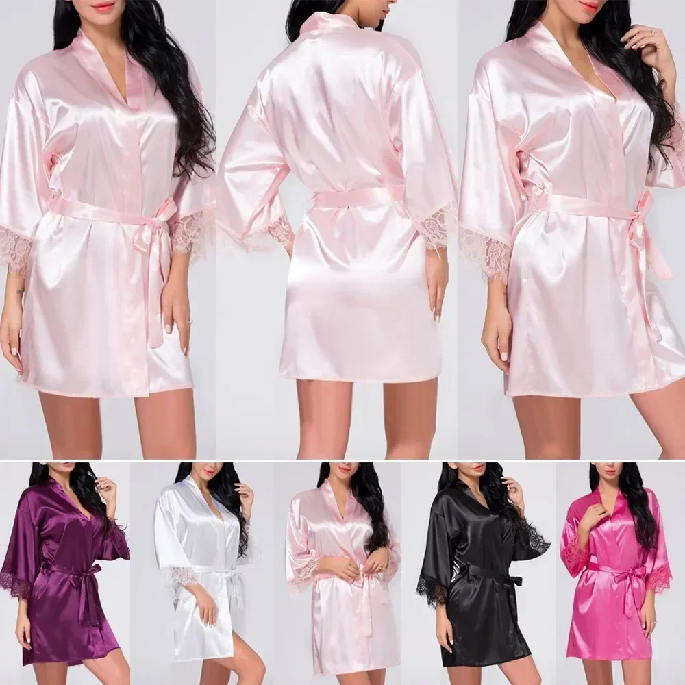 Women Sexy Silk Kimono Satin Dressing Gown Bath Robe Lace Lingerie Nightdress Nighties V-neck Nightdress Nightwear Nightshirt